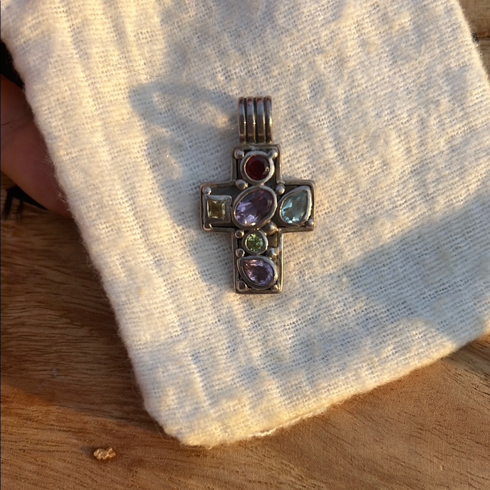 Multicolor Gemstone Silver Cross Pendant - image 1